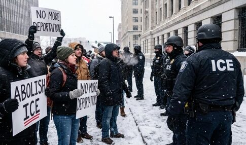 Protesters holding signs against ICE in a snowy environment