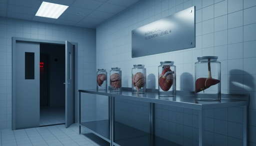 shutterstock_2715315993.jpg Laboratory with jars containing anatomical specimens on a metal table