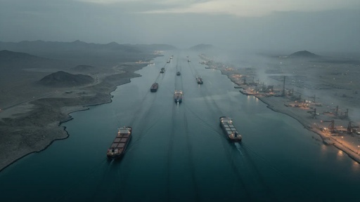 shutterstock_2755070745.jpg Aerial view of cargo ships navigating a shipping channel