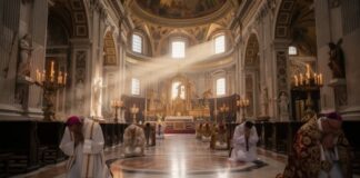 Clergy members praying in a grand cathedral with sunlight streaming through windows