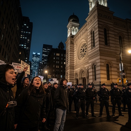 shutterstock_2704561679 A group of protesters facing police officers in an urban area at night