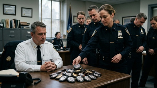 shutterstock_2757709391.jpg Police officers gathered around a table with badges during a meeting