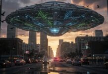 Trump UNLEASHES Classified UFO Files—Decades of Secrecy SHATTERED… A large UFO hovering above a city street during sunset