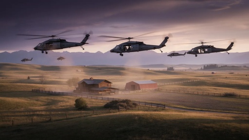 Black,Hawk,Helicopters,Cruising,A,Montana,Ranch,At,Dusk Military helicopters fly low over a rural farm at sunset