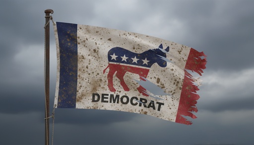 A,Tattered,Democrat,Flag,Ripped,And,Torn,And,Dirty A weathered flag featuring the Democratic Party symbol and the word 'DEMOCRAT'